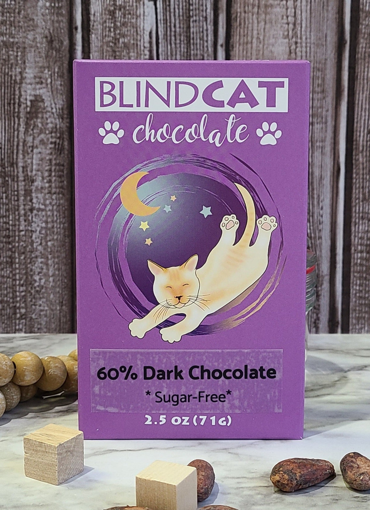 Sugar-free 60% dark chocolate bar made with allulose by Blind Cat Chocolate