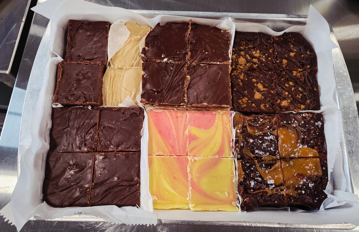 Tray of assorted Blind Cat Chocolate fudge flavors