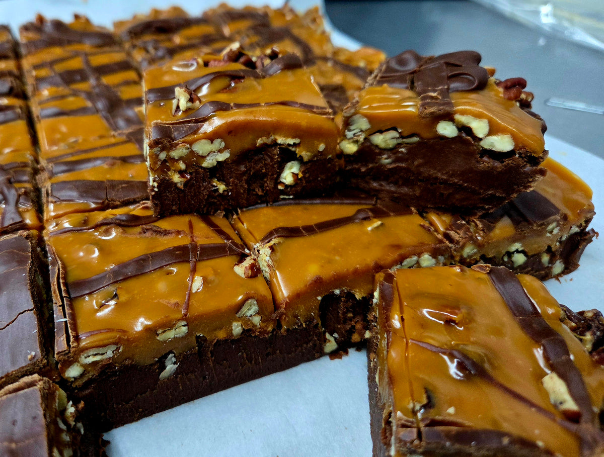Handmade chocolate caramel pecan fudge by Blind Cat Chocolate