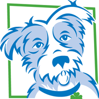 Blue dog illustration with a green border
